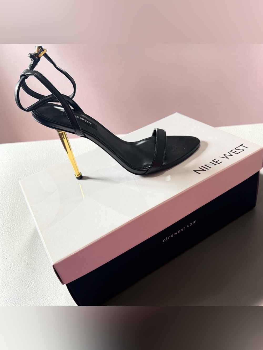 Nine West Black Strappy Sandal with Gold Stiletto Heel